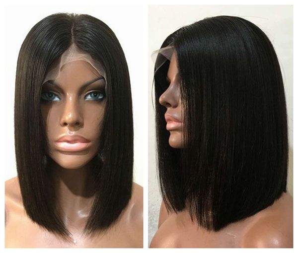 

mhazel 12inch bob straight brazilian virgin hair front lace wig150% or 130% brown/black hair middle part, Black;brown