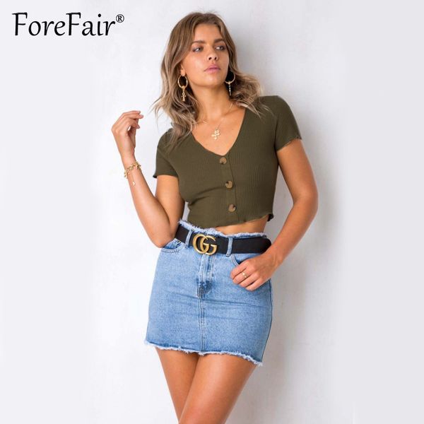 

forefair 2018 summer streetwear crop women high elastic knied tees short sleeve v neck buons slim casual cropped, White