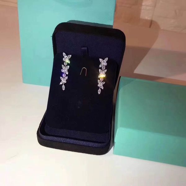 

1:1 Luxurious S925 Sterling Silver Women victoria style flower with diamond drop earringfor women logo stamp Jewelry gift free shipping PS66