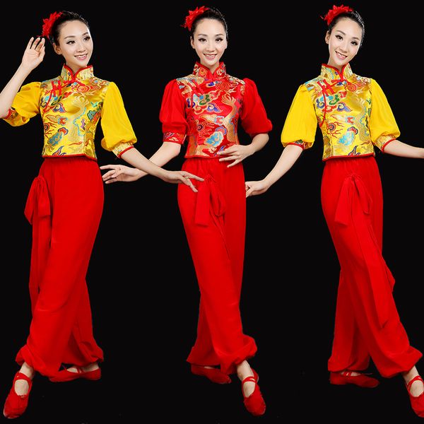 

gold red chinese folk dance clothes yangko dance square drum costume chinese traditional costumes outfits, Black;red