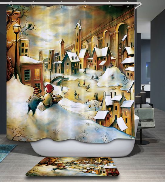 

cartoon city scenery print kids polyester waterproof shower curtain 12pc hooks mildew resistant bath curtain home bathroom decor