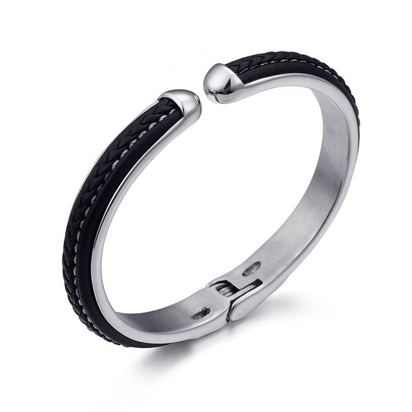 

pure 316l stainless steel vintage black leather open cuff bangle bracelet father gifts mens gifts