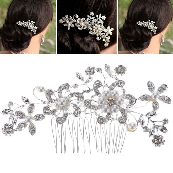 Women Lady Silver Rhinestone Pearl Flower Headband Hair Clip Comb