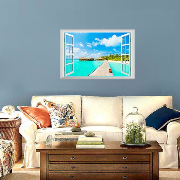 

removable 3d beach sea window wall stickers view decor scenery home decor decal creative wallpaper