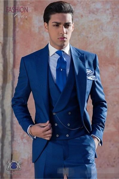 Özel Tasarım Bir Düğme Kraliyet Mavi Düğün Damat Smokin Tepe Yaka Groomsmen Erkek Akşam Yemeği Blazer Suits (Ceket + Pantolon + Yelek + Kravat) NO: 1546