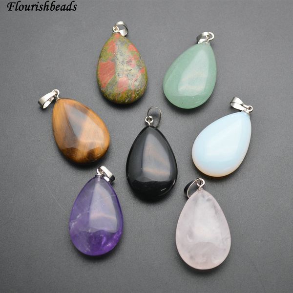 

natural stone flat drop pear shape pendants ( amethyst / tiger eye / rose quartz aventurine opal unakite black agate, Silver