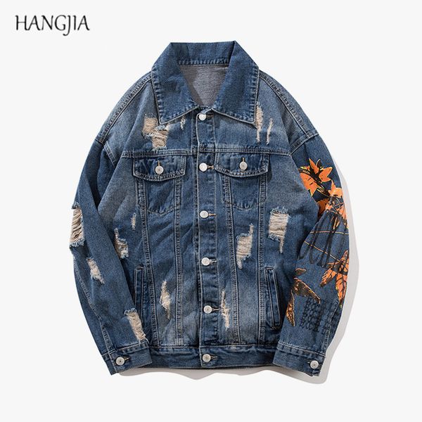 

tide hip hop black/blue hole pleated denim jackets male bf harajuku style printed dead lepattern washed destroyed jacket, Black;brown