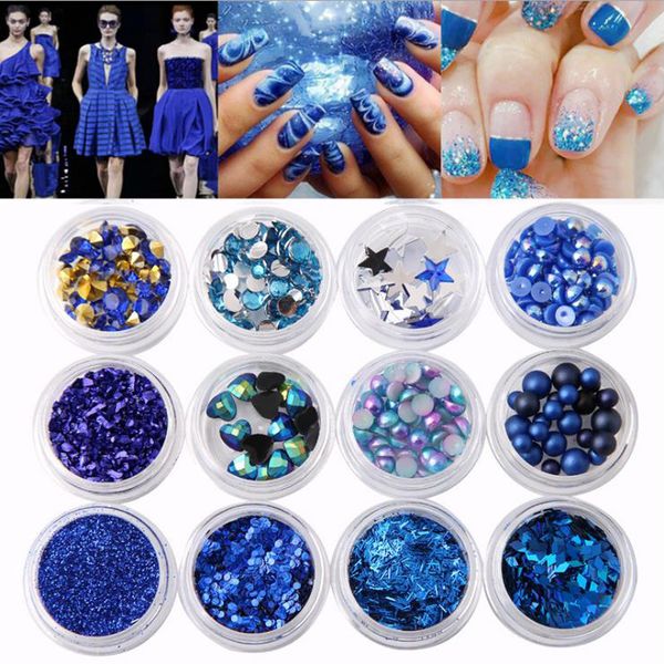 

12pcs/set bule nails sequins rhinestones glitter 3d nail art decorations shiny charm diy manicure tool nials patch nail diamonds, Silver;gold