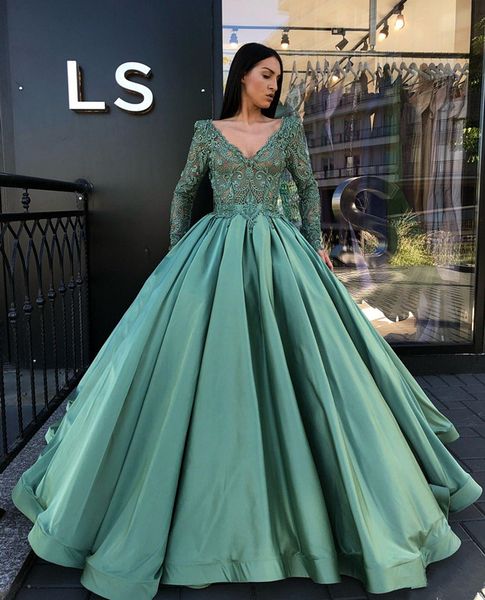 

2018 new satin deep v neck ball gown prom dresses princess prom dresses long sleeves quinceanera gowns evening dresses custom made, Black