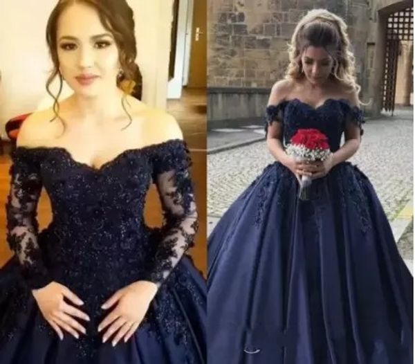 

2018 темно-синий пышное платье quinceanera платья с плеча 3d цветочные кружева аппликация развертки поезд атласная корсет плюс размер вечерн, Blue;red