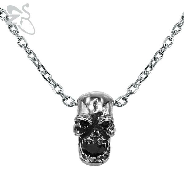 

zs men's stainless steel neckalce punk style skull pendant with black stone vintage rock roll necklaces hip hop biker jewelry, Silver