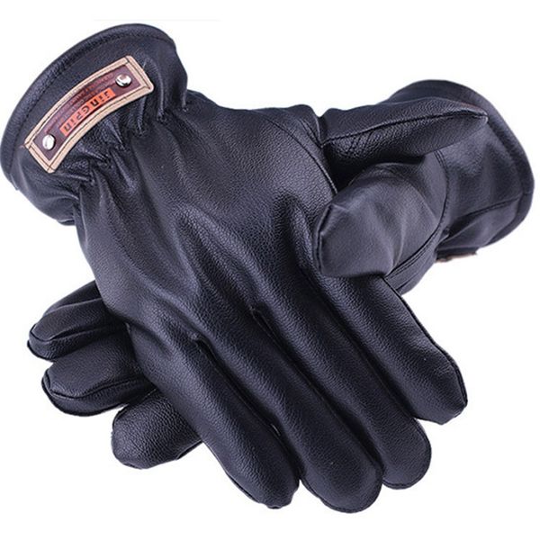 

men autumn winter warm cotton gloves pu faux leather windproof thickened outdoor sports hiking gloves black