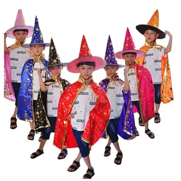 Capa de cetim traje do dia das bruxas menino menina cosplay manto e chapéu Festival do bebê bruxa capa cap set dos desenhos animados vestidos