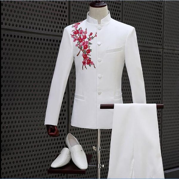 

chinese tunic suit plus size flower embroidered white jacket pants men's suit set men singer stage outfit host show outerwear, White;black