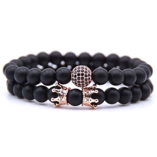

bead bracelets for women & men natural stone hematite 2pcs bracelets charm black crown with cz elastic bracelet