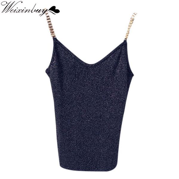 

weixinbuy women sleeveless tank female v-neck knitted camisole club girls spaghetti metal strap camis thin shiny y3, White