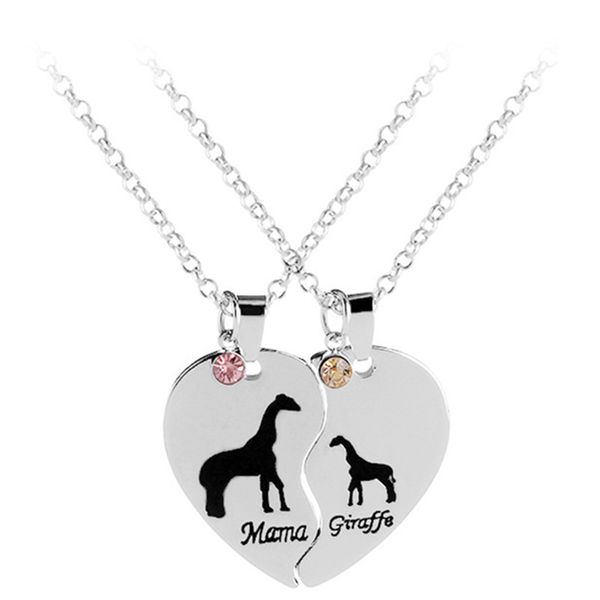 

2pc/set mama giraffe necklace heart splicing mom love kid fashion jewelry for mother's day gift, Silver