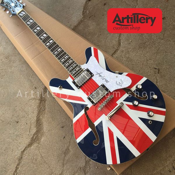 

Factory cu tom union jack jazz guitar f hole emi hollow body electric guitar with ro ewood fingerboard mu ical in trument hop