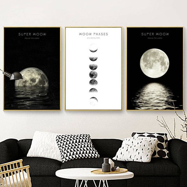 

posters wall art printed eclipse of the moon canvas painting for living room nordic decoration black and white decor picture