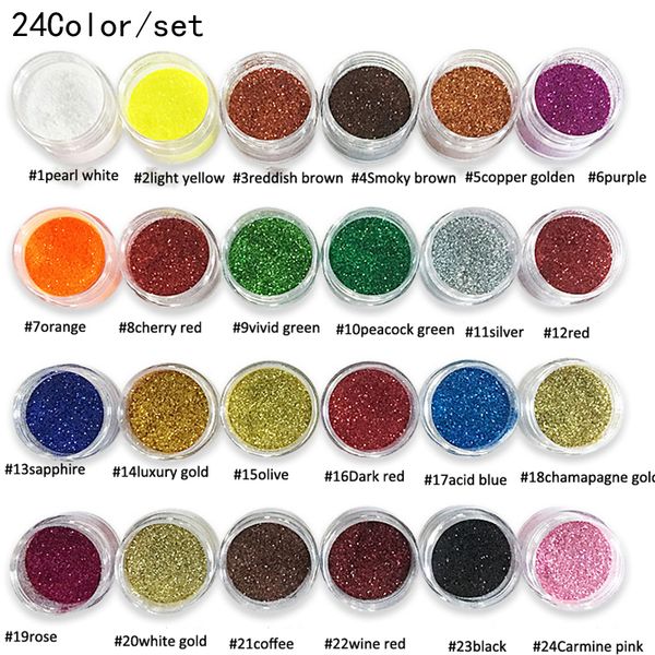 

1set 24 colors new design nail glitter powder gorgeous chrome 10g/bottle nail powder dust pigment for uv gel polish pigment set, Silver;gold