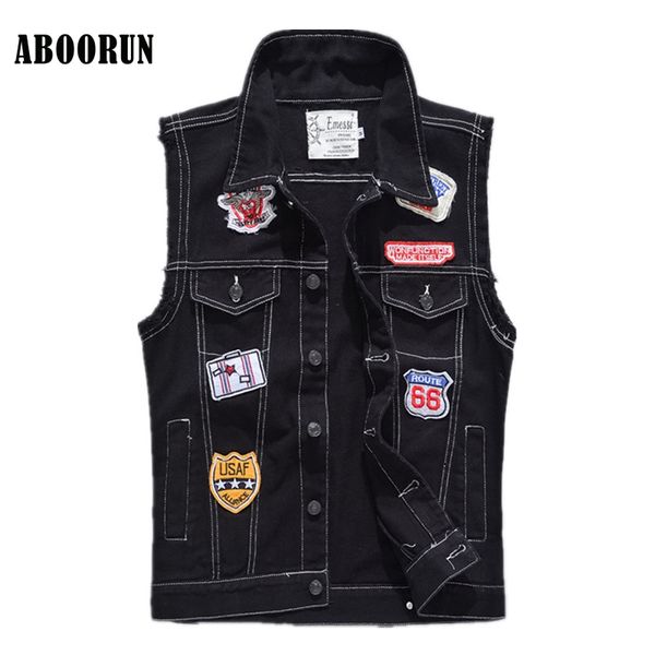 

aboorun mens denim vest black patches sleeveless jackets plus size 5xl mens slim fit jeans waistcoat yc1341, Black;white