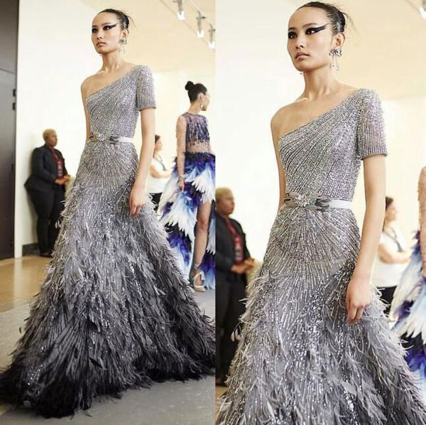 

evening dress long dress one shoulder short sleeve feather prom dress customable all sizes cool dazzling uss, Red