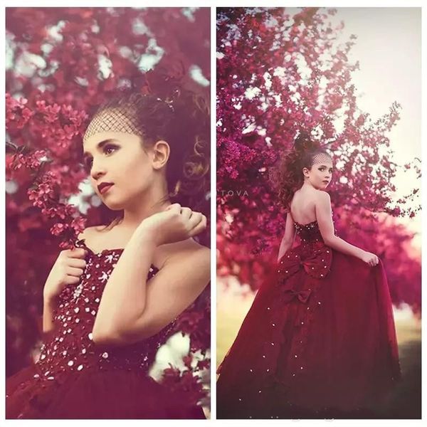 

2018 princess burgundy girls pageant dresses strapless beaded pearls bow knot floor length formal dress flower girl' dresses birthday, White;red