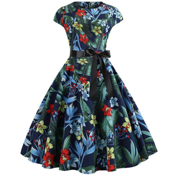 

casual summer vintage dress women 2019 50s 60s floral print party dresses elegant red retro swing short sleeve belt tunic, White;black