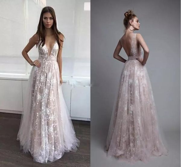

paolo sebastian 2019 lace backless beach berta prom dresses v neck tulle ivory nude prom dresses celebrity dresses, Black
