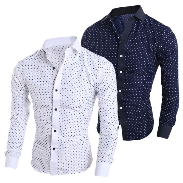 

mens spring casual business shirt cotton polka dots printed long sleeve slim shirt plus size 2xl male chemise homme, White;black