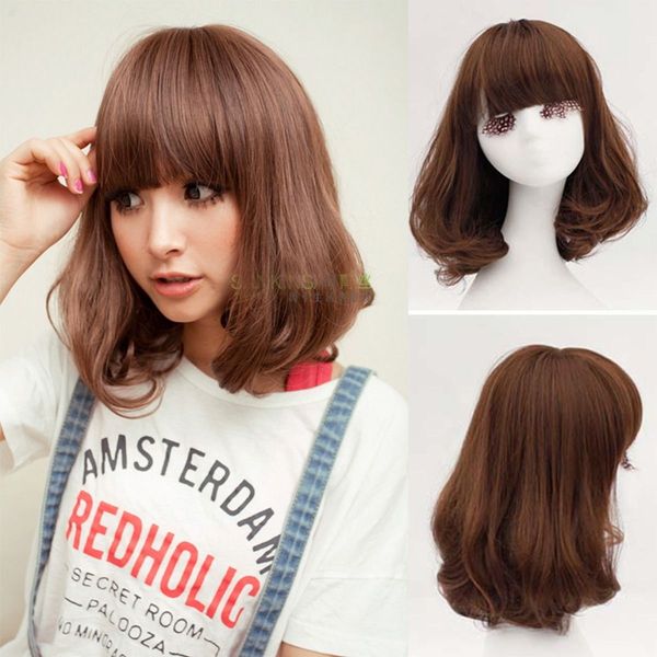 

women's fashion cute short curly wavy hair full wig cosplay party synthetic hair, Black;brown