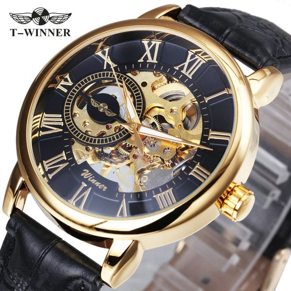 

winner classic golden men mechanical watch leather strap roman number 3d skeleton dial brand design male wristwatch, Slivery;brown