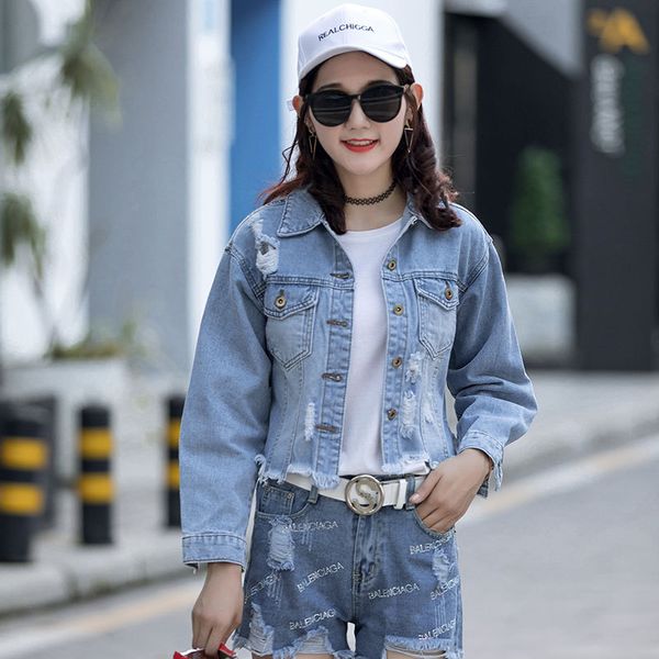 

feierhaosi woman long sleeve embroide holes denim jacket splice coat casual loose irregular hipster for women clothes, Black;brown