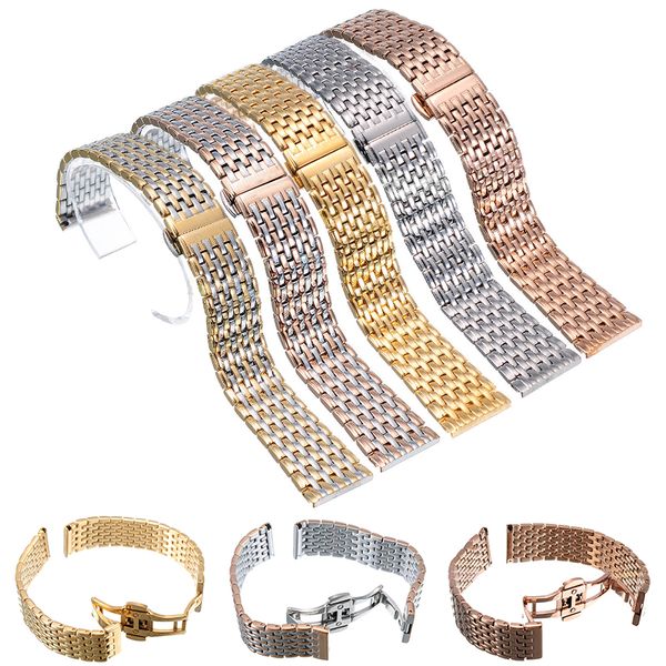

shellhard 20/22mm stainless steel wrist watch band strap 5 colors double butterfly clasp buckle bracelet solid links, Black;brown