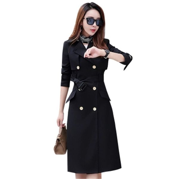 

2018 spring autumn new windbreaker women jacket plus size fashion commuter ol double-breasted long black slim coats female a674, Tan;black