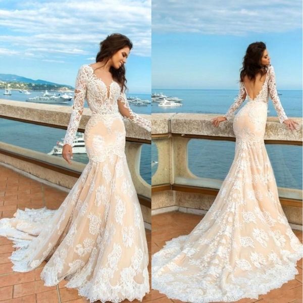 

2020 champagne a line lace wedding dresses long sleeves beach boho elegant backless fitted sweetheart bridal gowns with sweep train ba4498