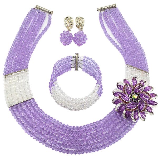 

wholesale 12pcs lilac clear ab bead multi strands necklace nigerian wedding african beads jewelry set crystal 6-ss27, Slivery;golden