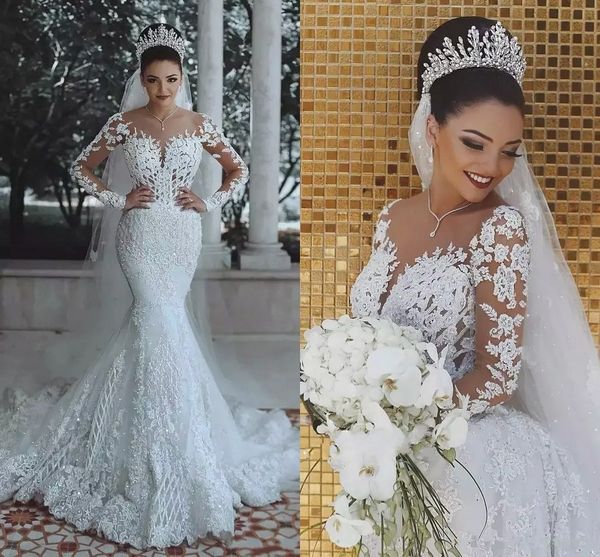 

Dubai luxury mermaid wedding dre e with illu ion long leeve lace applique heer neck prince gorgeou unique de igner bridal gown