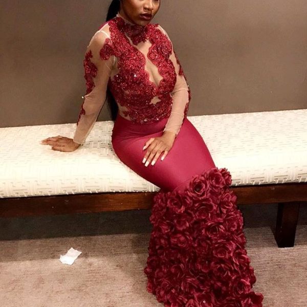 

3d handmade flower prom dresses beads lace applique sheer long sleeves prom dress satin long mermaid celebrity gown party dresses, Black