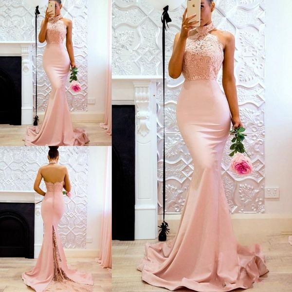 2020 bebê rosa barato sereia vestidos de dama de honra vestidos halter pescoço laço apliques sem mangas sem costas cetim longo casamento convidado convidado de dama de honra