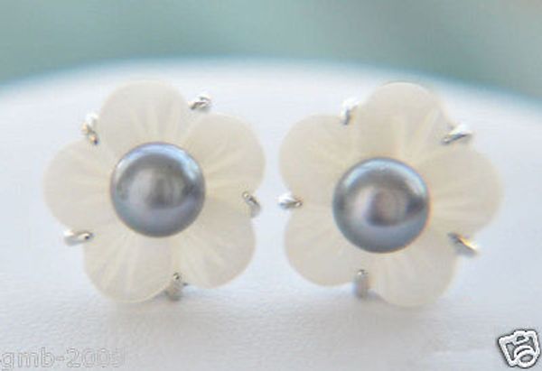 

natural 6-7mm black freshwater pearl shell flower 925 sterling silver earrings, Golden;silver