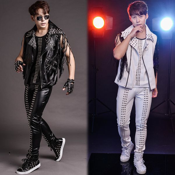 

s-6xl 2018 nightclub bar male singer costumes stage costume rivet tassel leather vest singing suit cool, Gray