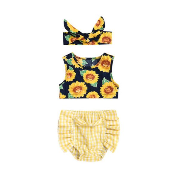 

newborn baby girl clothes sets sunflower vest plaid shorts briefs headbands 3pcs cotton casual summer baby girls 0-24m, White