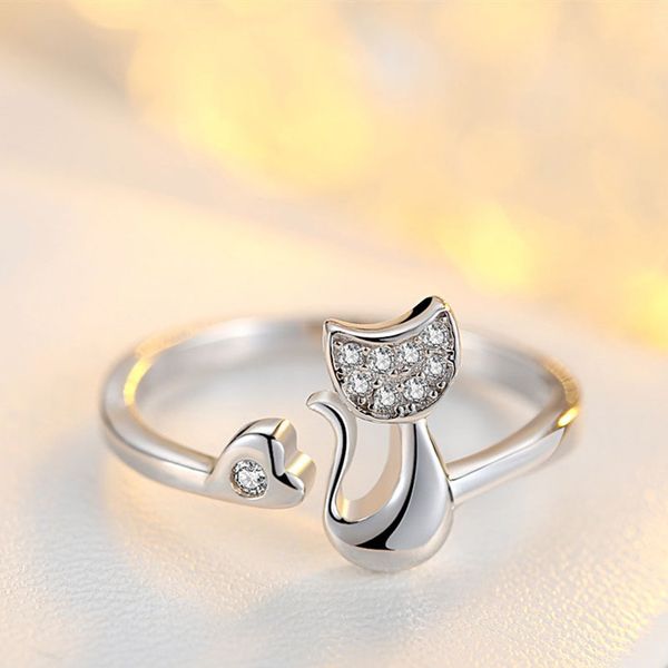 

cat shape korean fashion women open rings simple design female girls rhinestone finger elegant jewelry leisure birthday gift, Silver