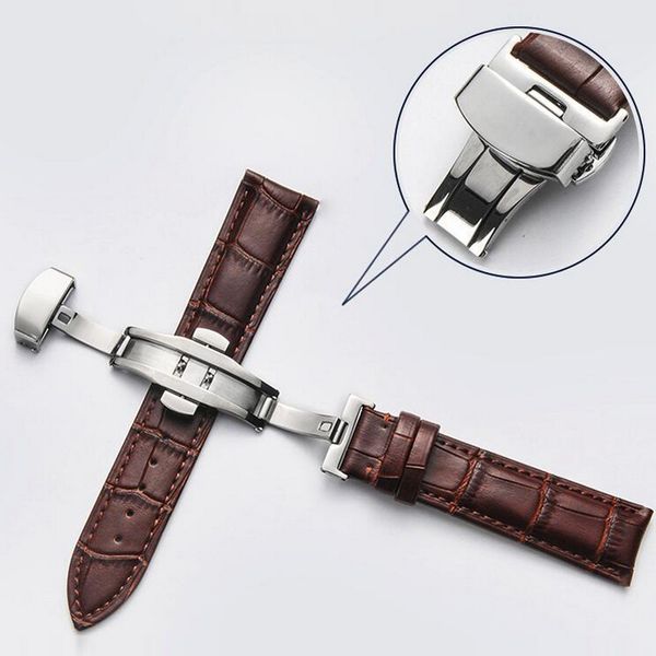 

neway genuine leather watch band wrist strap 12 14 16 18 20 22 24mm silver butterfly clasp buckle replacement black brown belt