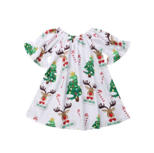 

2018 christmas newborn baby girls xmas deer print sleeved dress party dress clothes hot, Red;yellow