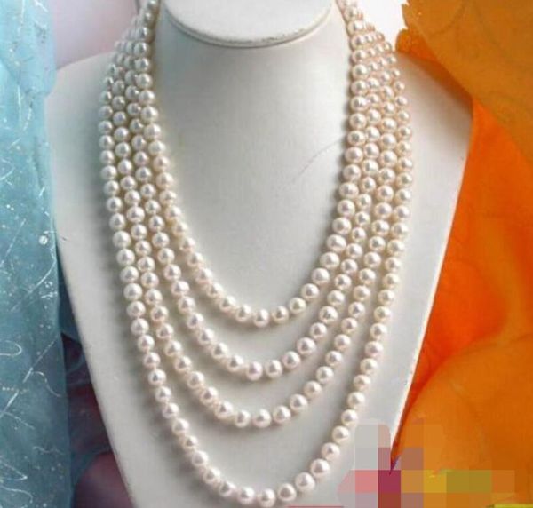 

long 100" 8-9mm round white fw cultured pearl necklace, Silver
