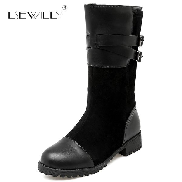 

lsewilly size 33-43 women winter med heels boots buckle warm fur shoes woman cross strap mid calf boots platform punk shoes e235, Black
