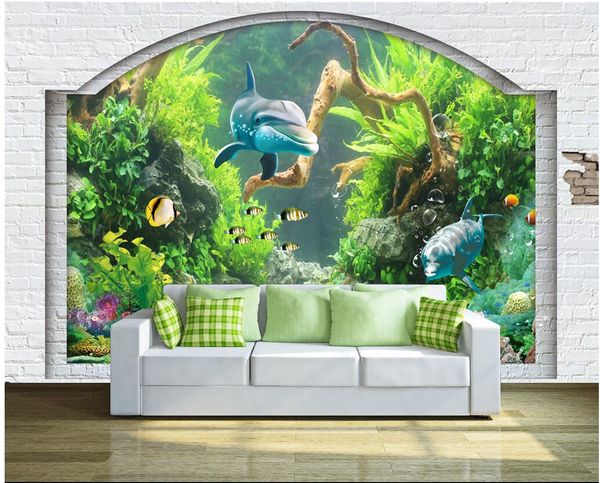 3d Wallpaper Custom Photo Mural Large Fish Tank Dolphins Sea Fish Living Room Background Home Decor 3d Wall Murals Wallpaper For Walls 3 D Wallpapers