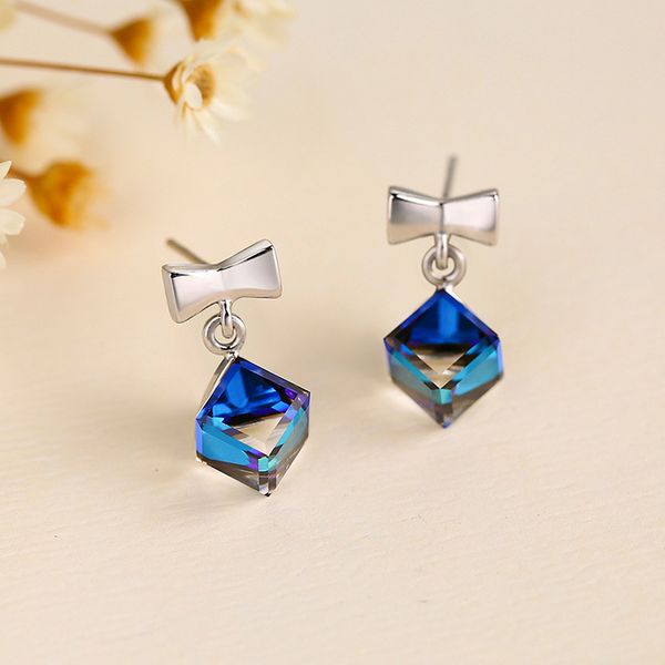 

new fashion stud earrings cute bow suger cube 100% 925 sterling silver earrings gemstone female fine jewelry, Golden;silver